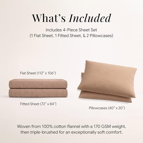 Image of Tribeca Living Triple Brushed Soft Cotton Flannel Sheets Set, Cal King Size 170-GSM Weight Extra Deep Pocket Sheet in Solid Cashmere Color