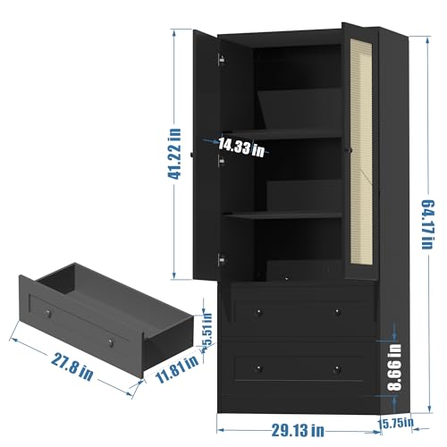 DIYART Rattan Black Kitchen Pantry Cabinet, 64.2\" Tall Kitchen Storage Cabinet with Doors and Drawers, Freestanding Wooden Storage Cabinet for Kitchen, Dining Room
