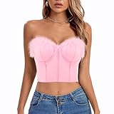 jascaela Women's Sexy Sleeveless Faux Fur Tank Top Spaghetti Strap Fuzzy Trim Tube Top Bustier Corset - Pink,M