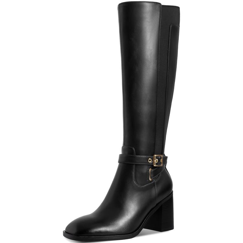 Womens Knee High Boots Faux Leather Chunky Block High Heel Square Toe with Side Zipper Buckle Elastic Stretch