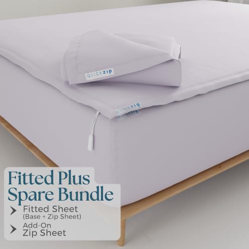 Image of QuickZip Fitted Plus Spare Bundle: 1 Fitted & 1 Zip Sheet - Easy Change, Won't Pop Off - Soft Percale 400 TC 100% Cotton - 15' Deep Pockets Full Size Sheets Lavender