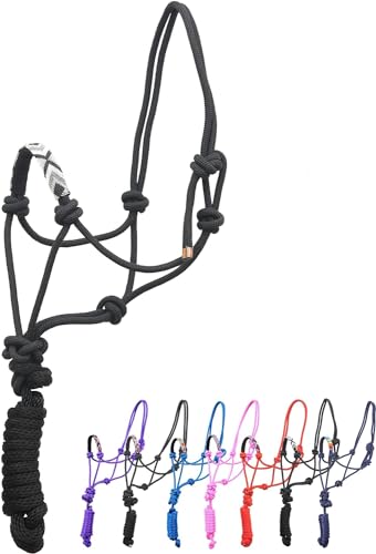 Sie Nylon Horse Braided Rope Halter Beaded Noseband Lead Rope (Black & Silver)