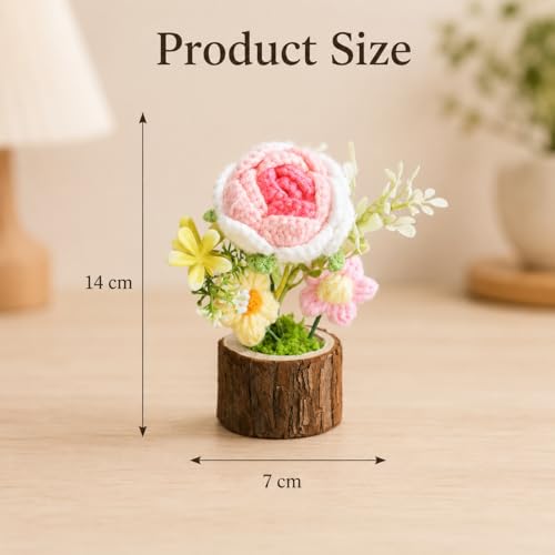 Image of Handmade Crochet Flower with Real Wood Base, 12 cm Pink White & Green Artificial Knitted Rose Bouquet for Home Office Table Shelf Desk Decor, Bedroom Living Room Gift Decoration