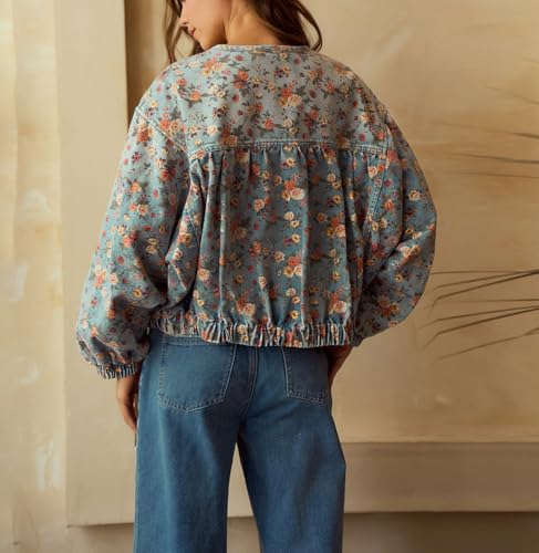 chouyatou Women's 2025 Fall Boyfriend Floral Denim Jacket Spring Y2K Casual Oversized Jean Bomber Jacket2