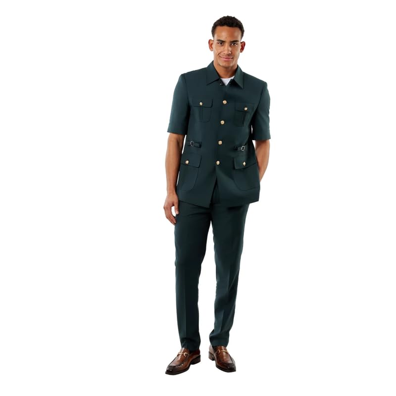 Xposed Completo da Uomo, Modello Safari, Verde Foresta Intenso, Elegante e Casual, Estivo, Composto da Due Pezzi, Giacca Militare a Maniche Corte e Pantaloni
