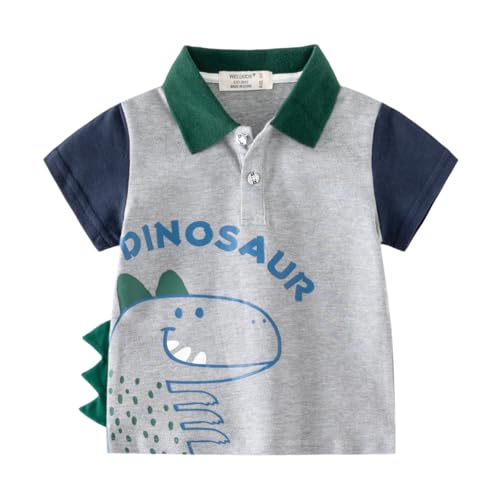 Little Boys Short Sleeve Polo Shirt Dino Printed Toddle Kid Cute Summer Causal Tee Color Block Fashion Pullover Top (Gray,90/18-24 M,Unisex,Big Kid,US,Age,18 Months,24 Months)