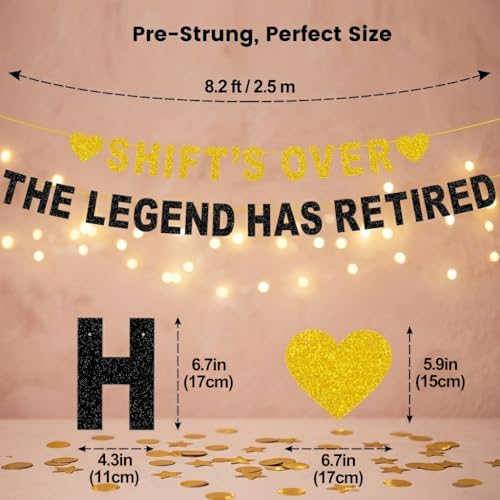 Shift's Over The Legend Has Retired Banner, Black Gold Glitter 8 ft Happy Retirement Party Decorations, Funny Coworker Farewell Going Away Supplies for Nurse Police Firefighter Doctor (Pre-Strung) by PORMYTRIP - Used condition - Image 7