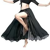 Women's Belly Dance Chiffon Dance Performance Long Skirt Side Split Sexy Skirts (Black)