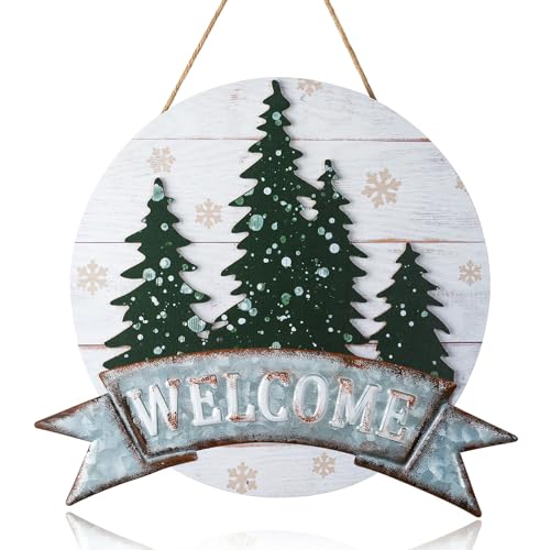 Winter Welcome Sign for Door Wall Decor - Walasis Outside Winter Wreath for Front Door Hanging Christmas Signs with Tree Snowfalke Rustic Wooden Welcome Decoration