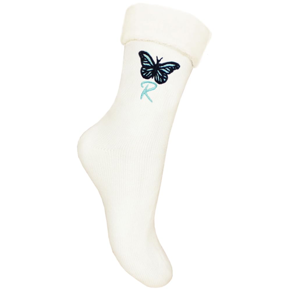 TeddyT's Personalised Embroidered Initial Butterfly Fluffy Women's Bed Socks (White)