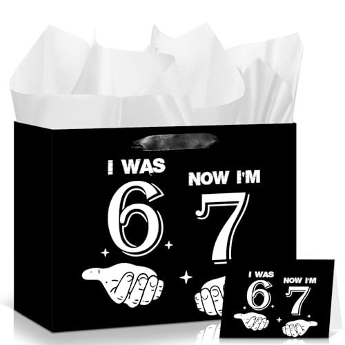 Innovoscape Funny 6 7 Birthday Decorations Six Seven Meme Favor Bag with Tissue Paper Card Black I was 6 Now I'm 7 Gift Bag for Boys Kids Funny 7 year old boy Birthday Party Supplies