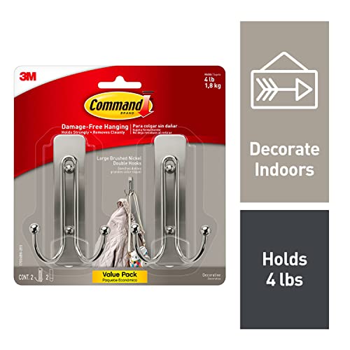 Command Large Wall Hooks, Damage Free Hanging Wall Hooks, 2 Brushed Nickel Plastic Hooks And 2 Command Strips & Medium Decorative Wall Hooks, Damage Free Hanging Wall Hooks #TOP1