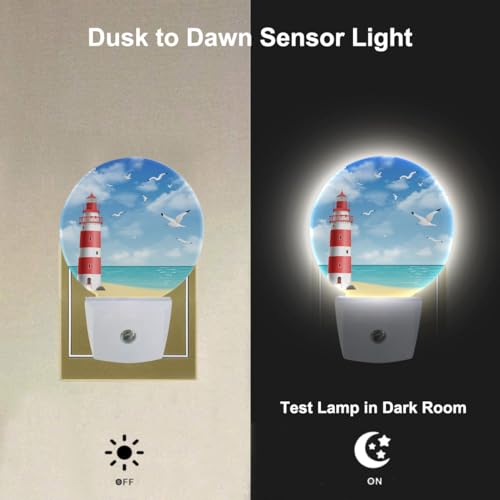 Image of Lighthouse Seabirds Night Lights Plug into Wall Ocean Beach Seagull Blue Sunny Sky Clouds LED Dusk to Dawn Plug-in Nightlight Auto Sensor for Bedroom Bathroom Hallway Living Room