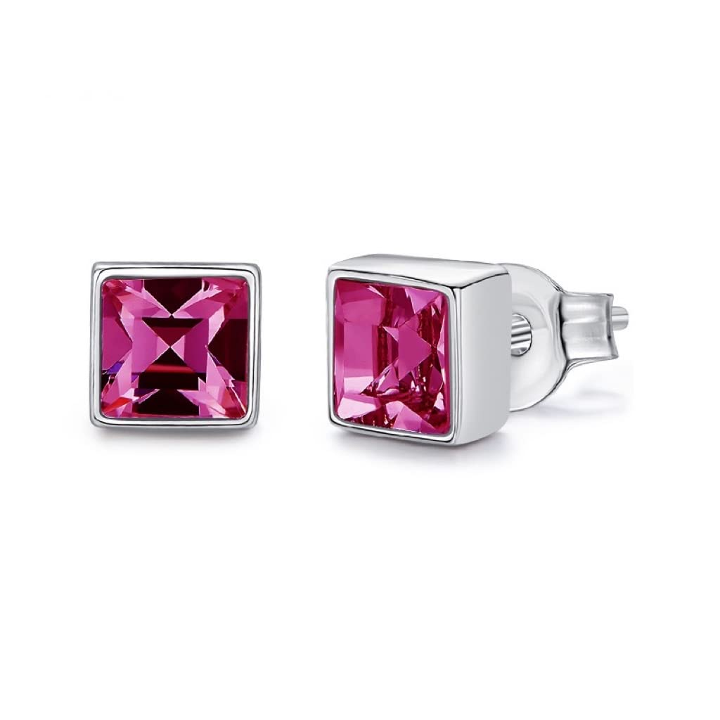 Boucles d'oreilles argent 925 d'exception avec cristal bleu carré et reflets rose - 6
