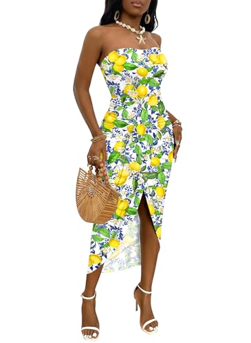 Image of Umenlele Women's Strapless Ruched High Waist Wrap Split Asymmetrical Beach Maxi Long Dress