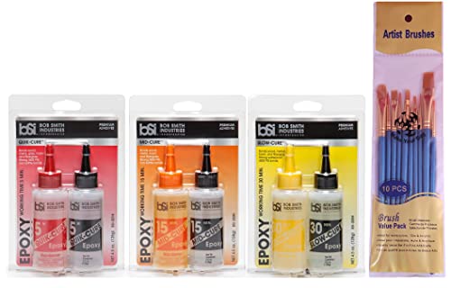 Bob Smith Industries Epoxy Variety, 5 Min. Quick-Cure, 15 Min. Mid-Cure, and 30 Min. Slow-Cure (Pack of 3) - with Make Your Day Paintbrushes