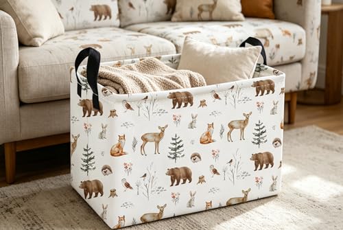 Image of Essme Rectangular Animal Basket,Kids Storage Bins Organizer with Handles for Woodland Room Decor, Gift Basket,Shelf Basket.(Woodland Animal)