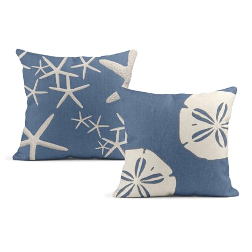 HODKHNO Linen Throw Pillow Covers Set of 2, Denim Blue Sand Dollars Starfish Home Decorative Pillowcases Cushion Case Covers for Couch Bed Sofa 20x20 Inch