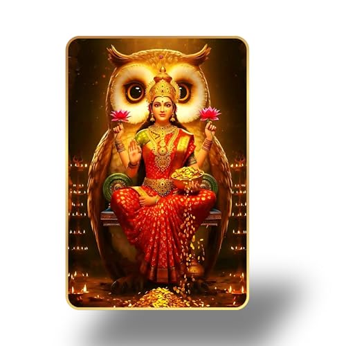 Image of Arkasto Lakshmi Mata with Owl Vahan Wall Poster | Goddess of Wealth & Prosperity | Golden Spiritual Wall Art for Home & Office Temple (Style-02, 12x18 inch)