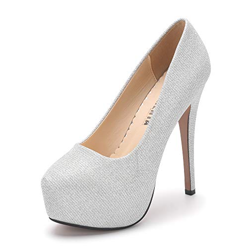OCHENTA Women's Round Toe Platform Slip On High Heel Dress Pumps SG Silver Tag 35 - US B(M) 5.5