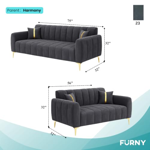 Image of Furny Harmon 5 Seater Fabric 3+2 Sofa Set (Dark Grey) | Soft Velvet Fabric | Modern Design | Comfortable Seating | Living Room Furniture