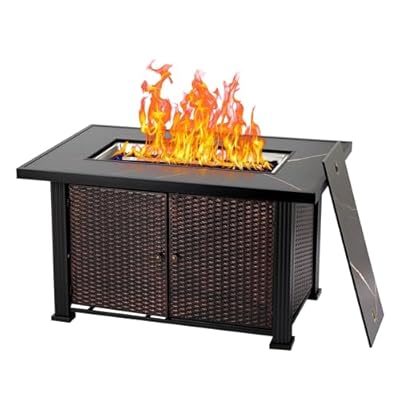 44" Gas Fire Pit Table 50,000 BTU Propane Firepit Rectangular Fire Table with Slate Table Top & Hidden Tank Holder, Fire Pit Table with Double Lid & Glass Fire Stones for Patio Backyard
