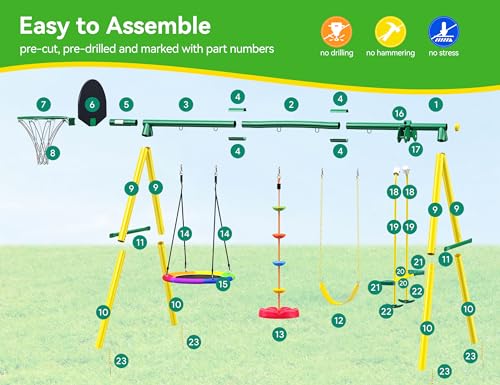 Osoeri Swing Sets for Backyard, 5-in-1 Kids Swing Set, Outdoor Swing Set with Saucer Swing, Glider, Rope Swing, and Basketball Hoop - Thumbnail 5