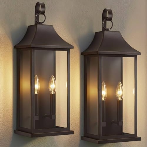 Image of RAYVO 21.5 inch Large Outdoor Wall Lights Modern Outdoor Wall Lantern with Clear Glass, Waterproof Exterior Lighting Fixture Outside Wall Sconce for Porch Garage Entryway Patio, Bronze, 2 Pack