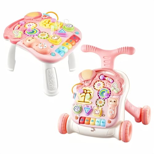 HOMCENT Trotteur Bébé, Pousse Bebe Fille 2 en 1, Marcheur de Vitesse Réglable pour Bébé, Tableau d'Éveil Détachable Jouet(Rose)