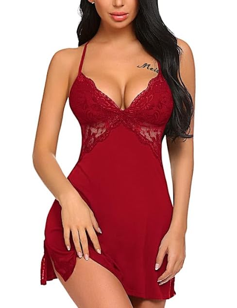 Women’s Red Lace Babydoll Lingerie Nightwear | Sexy Backless Nighty | Sleepwear Dress with V-Neck & Adjustable Straps |-image-19