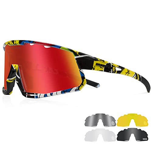 Queshark Gafas de Ciclismo Polarizadas con 5 Lentes Intercambiables para MTB Bicicleta Running Deportes Protección UV 400 Anti Viento para Hombre y Mujer