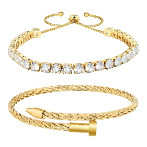 LCTrusttmor Gahna 18K Gold Bangle Bracelet for Women, Non-Tarnish Stackable Nail Hand Chain Set, Dainty Adjustable Tennis Cubic Zirconia Bracelets for Women, Trendy Jewelry Mother's Day Birthday Gifts for Lover Mom Her
