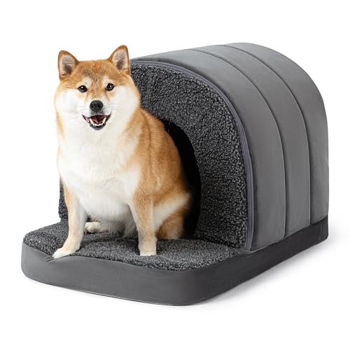 PELZIN Orthopädisches Hundehöhle - Hundehaus für Drinnen - Hundehütte Indoor rutschfest - Waschbar Hundebett Mit Dach für Mittelgroße Hunde & Einen 76cm Hundekorb - 73x45cm Grau