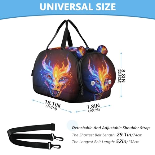Gym Travel Duffle Bag for Boys Girls Fire Water Dragon Sports Dance Bag with Shoe Compartment & Wet Pocket Football Kids Travel Bag Teens Sleepover Carry3
