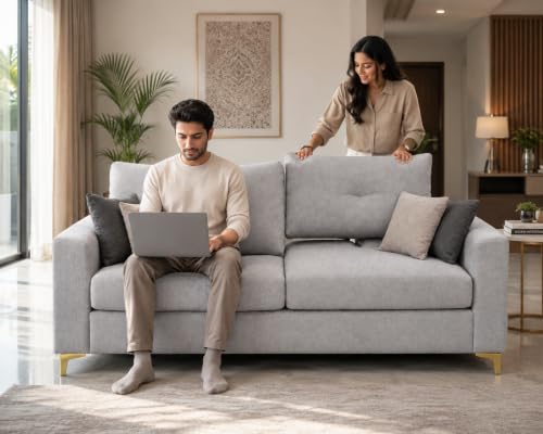 Image of FURNY Lean Luxury 3 Seater Lounger Sofa Set with Adjustable Backrest, 40D High-Density Foam & Soft Boston Fabric for Living Room & Hotels & Studio Apartments - Light Grey