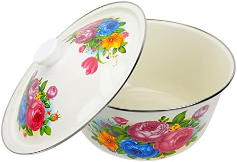 Angoily Enamel Mixing Bowl with Lid Flower Large Salad Bowl Enamelware Washing Basin Chinese Style Soup Bowls Vintage Serving Bowl for Ramen Asian Dishes Cereal Rice Noodle