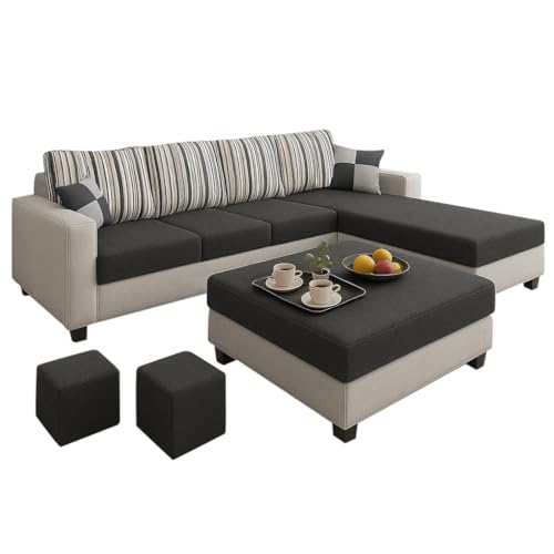 Image of CASASTYLE Lano 8 Seater Fabric RHS L Shape Sofa Set with 1 Centre Table & 2 Puffy (Dark Grey-Light Grey)