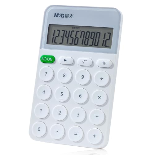 M&G Desk Calculator 12 Digit With Large LCD Display and Buttons, Automatic Sleep, Portable Cute for School Home Business Office, Battery Included (White)
