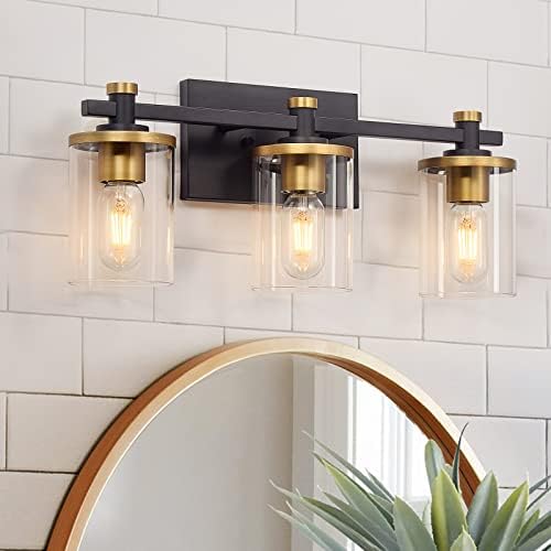 diniluse Bathroom Vanity Light 3-Light, Black and Gold Bathroom Light Fixtures with Clear Glass Shade, Vintage Bathroom Vanity Lights, Modern Wall Sconce for Bathroom, Living Room, Hallway, Bedroom