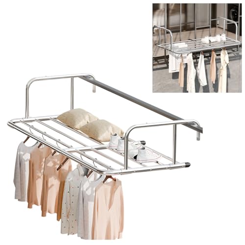 Tendedero de Balcón O Terraza, Tendedero Plegable de Balcón, Fabricado En Inoxidable, Hebilla de Resorte Retráctil, Para Balcones Para Colgar Calcetines Ropa En Balcón Baño, Tendedero Para Radiador(68