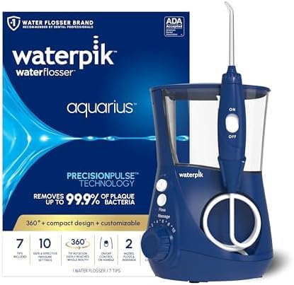 Image of Waterpik Aquarius Water Flosser for Teeth Cleaning, Gums, Braces, Dental Care, Electric Power with 10 Settings, 7 Tips for Multiple Users and Needs, ADA Accepted, Blue WP-663 (Pack of 6)