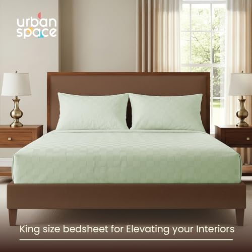 Image of Urban Space 100% Cotton 300TC Jacquard Fitted bedsheets for King Size Bed, Pure Cotton Bedsheet King Bed, Checks Fitted bedsheet King Size with 2 Pillow Covers (72 x 78 Inches, Tea Green Cubes)