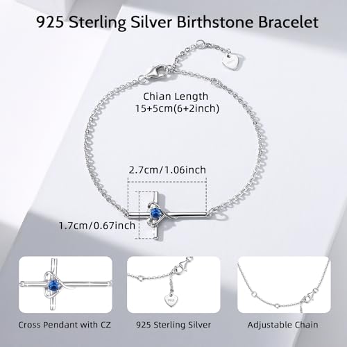 Birthstone Bracelet 925 Sterling Silver Birthstone Cross Bracelets for Women Cross Heart Cubic Zircon Adjustable Jewelry Gifts for Birthday Christmas2