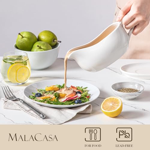 Image of MALACASA 17 oz Gravy Boat with Saucer Stand, Porcelain Sauce Boat with Tray for Salad Dressings, Creamer, Broth, Milk, Ergonomic Handle, Microwave & Dishwasher Safe (White)