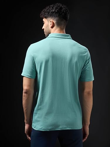 Image of TECHNOSPORT Men's Solid Slim Fit Polo Collar T-Shirt COTFLEX Half Sleeve Button Polyester for Gym Running Workout UPF50+ Anti Odour