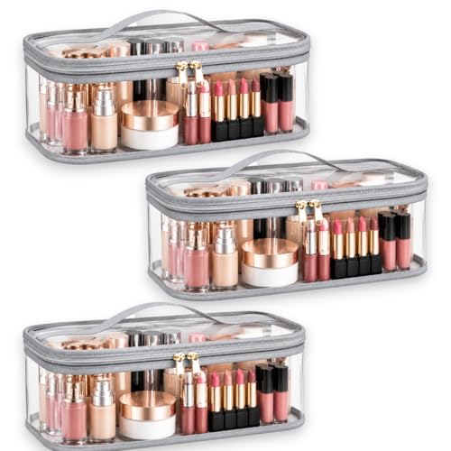 Image of RAAHII 3 Piece Transparent Makeup Organizer Bag for Women | Waterproof PVC Cosmetic Travel Pouch | Vanity & Toiletry Storage for Makeup, Skincare, Brushes & Accessories | Clear Organizer Case