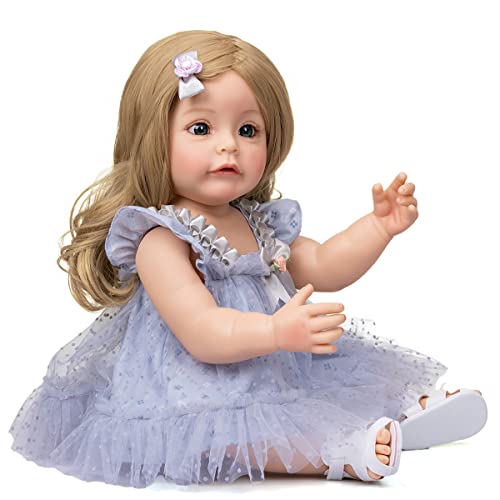 AFIKS Reborn Baby Doll, simulación Linda niña de Pelo Largo Suave Cuerpo Entero Silicona Hecho a Mano Realista Educación temprana para niños Juego de baño Mejor Regalo para Mayores de 3 años (55 cm)