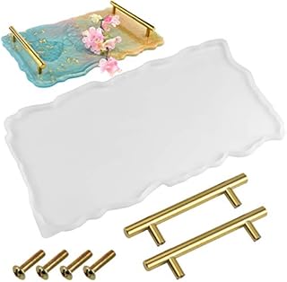 Silicone Resin Moulds Serving Tray Mold Geode Agate Mould with 1 Epoxy Resin Mould 2Pcs Gold Handles Large Resin Casting Moulds for DIY Craft Making Resin Fruit Tea Tray Serving Board