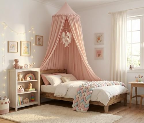 PlentiVive Bed Canopy for Girls Princess Crib Canopy for Nursery Dreamy Soft Hanging Canopy for Toddler Bed Twin & Full Size Kids Bed Canopy for Girls Room Decor & Reading Nook Pink