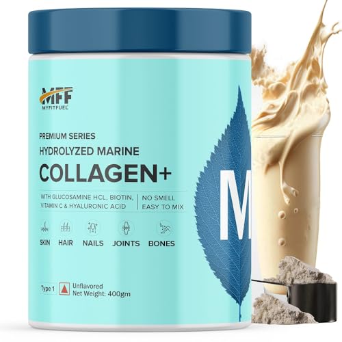 Image of MyFitFuel Hydrolyzed Marine Collagen with Glucosamine, Hyaluronic Acid, Biotin, Zinc & Vitamin C | For Skin, Hair, Nails & Joints, (400gm), Unflavored